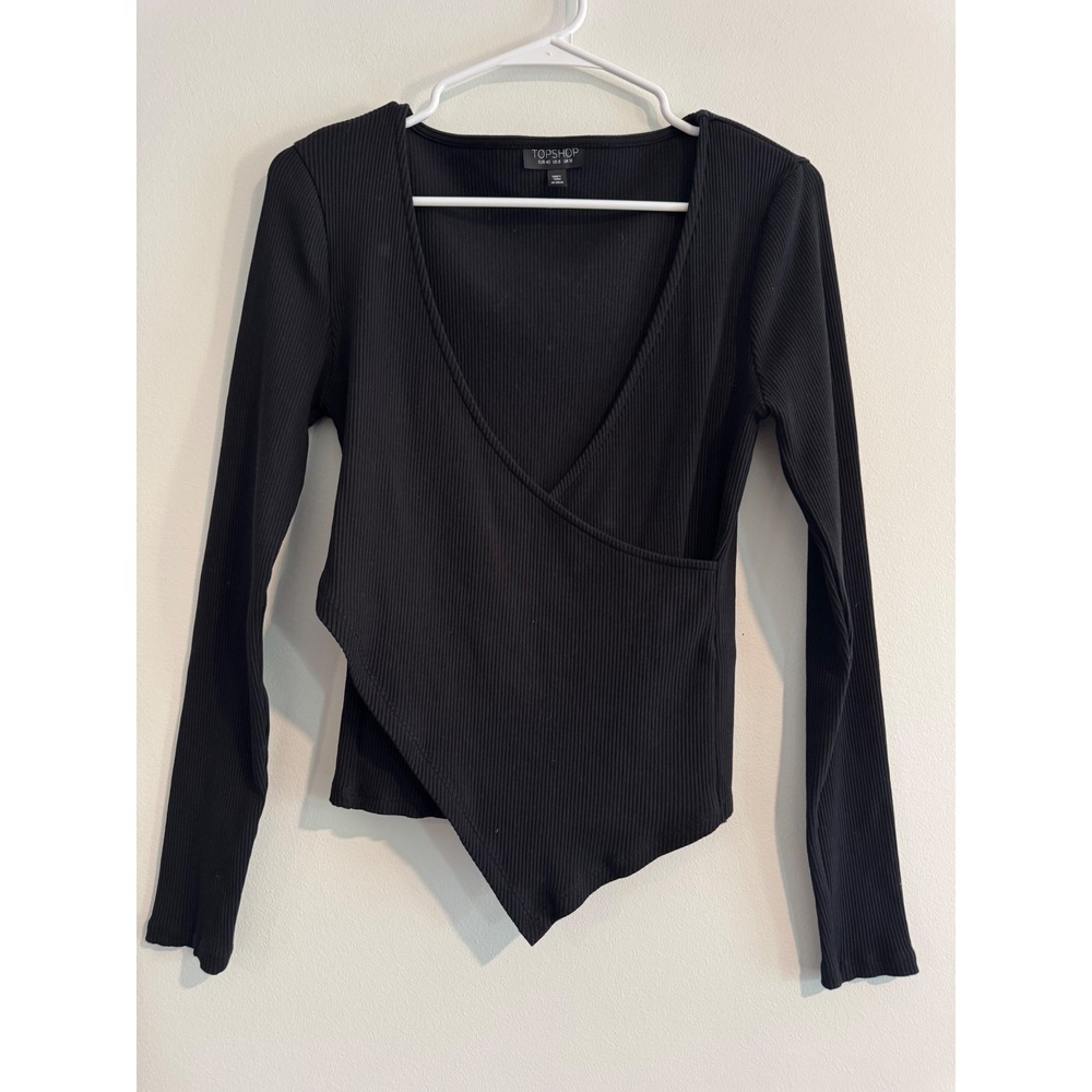 Topshop‎ Ribbed Wrap Asymmetrical Hem Top Womens Size 8 Black Long Sleeve V-Neck
